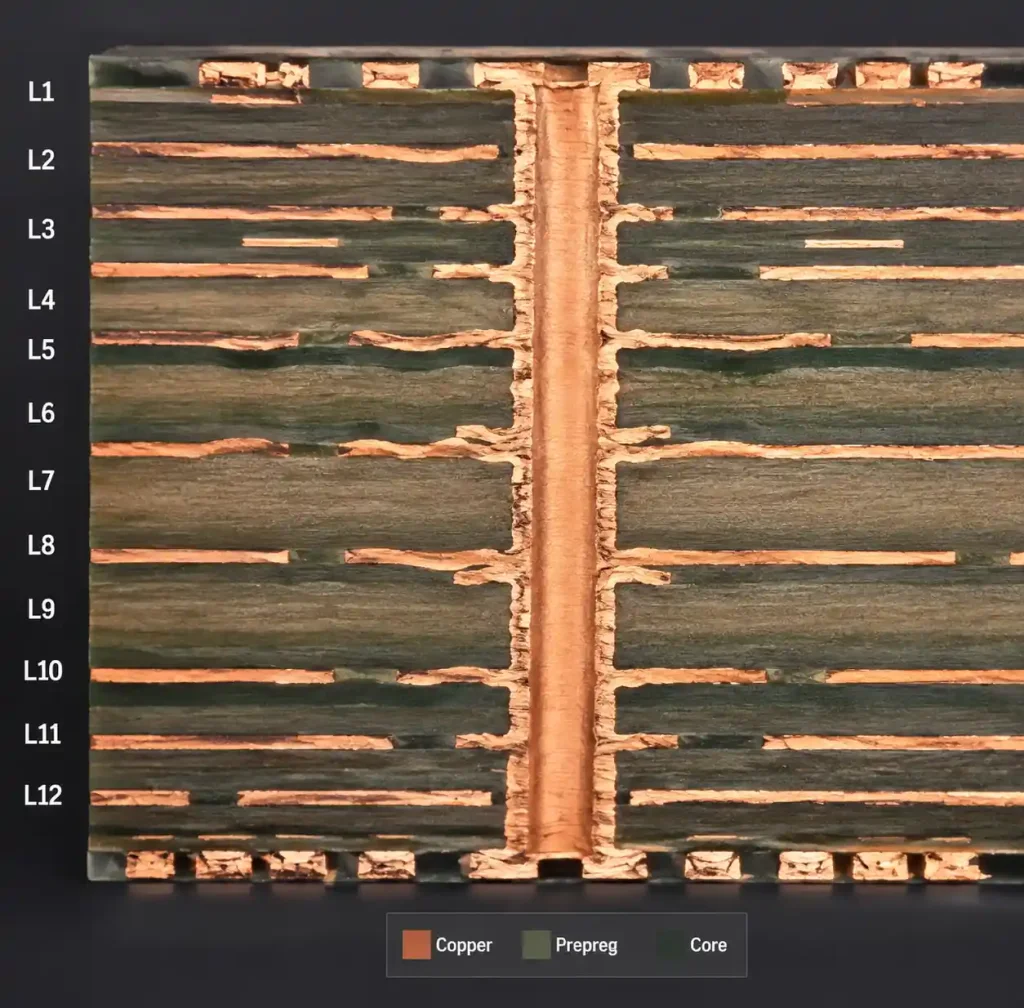 PCB layer stackup cross-section showing multiple layers