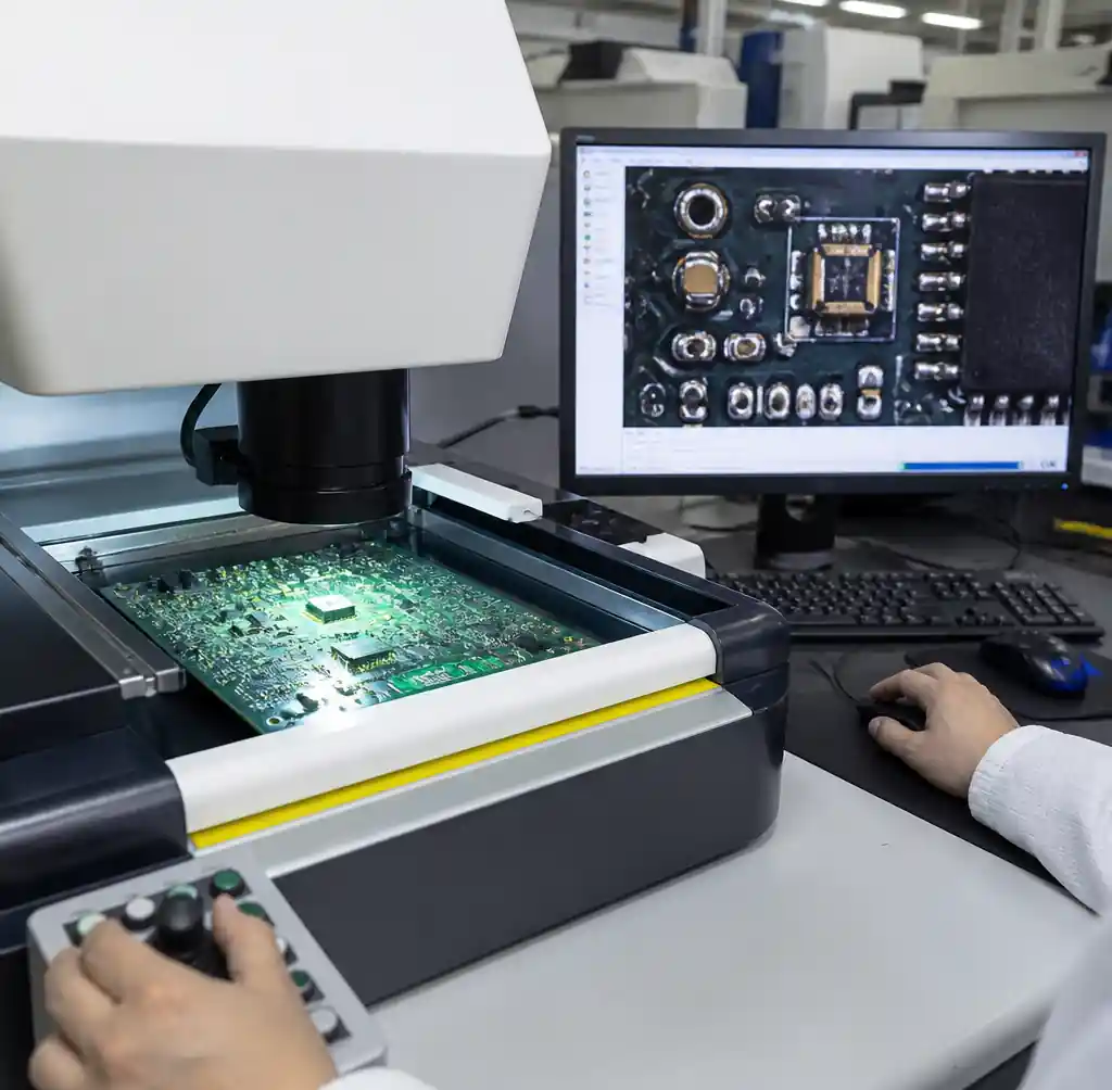Automated optical inspection of an assembled prototype PCB verifying solder joints and component placement