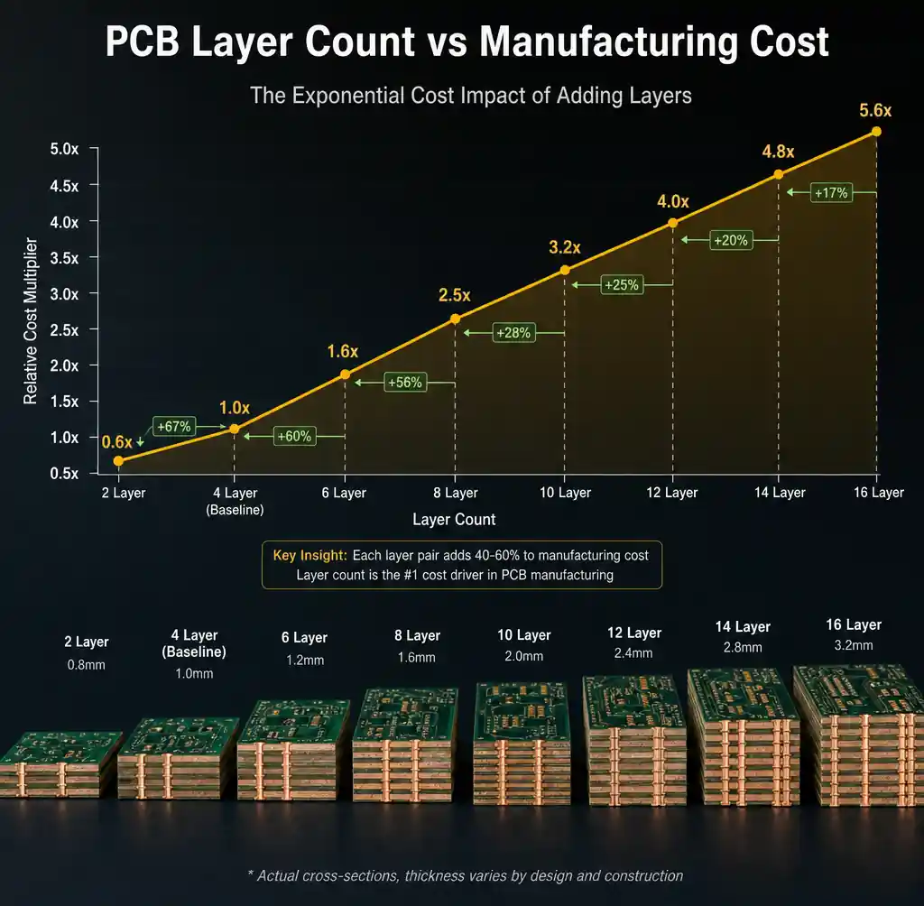 PCB layer count cost curve showing exponential increase