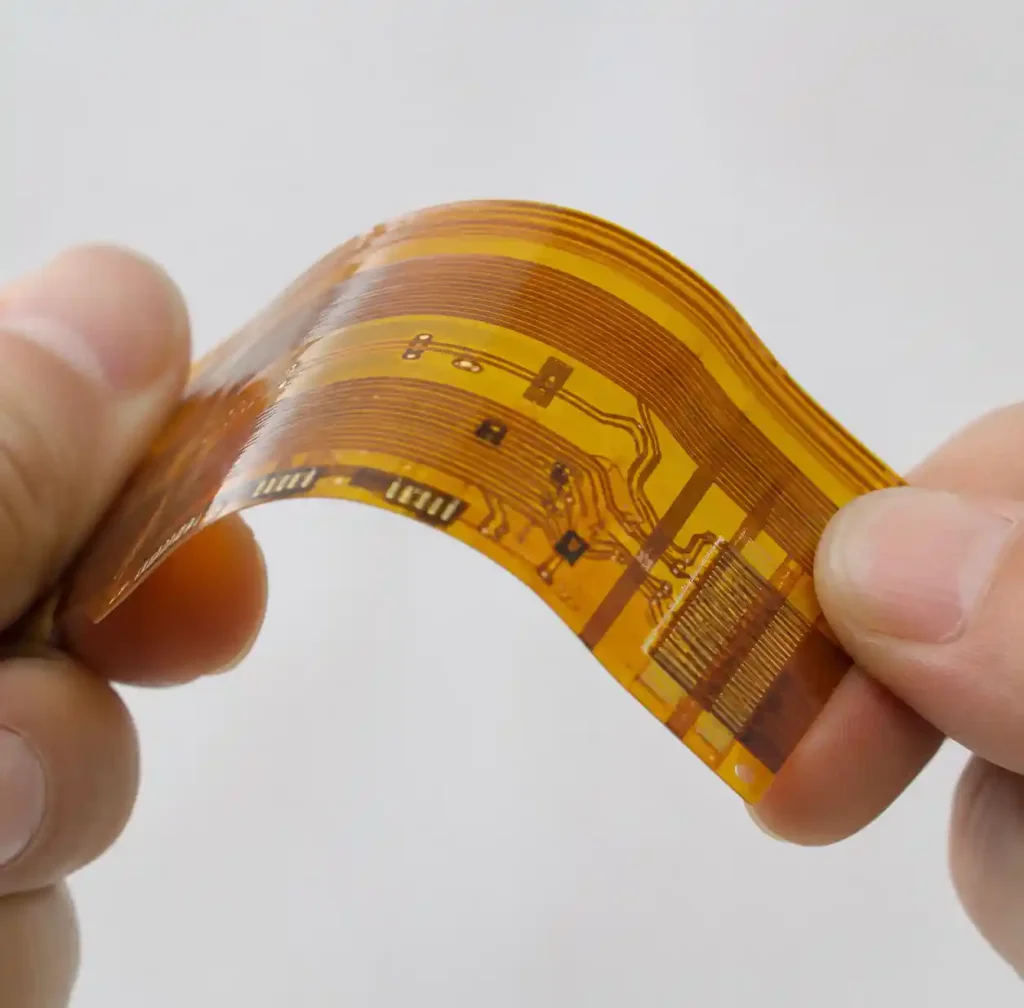Flexible polyimide PCB showing bend radius and copper traces