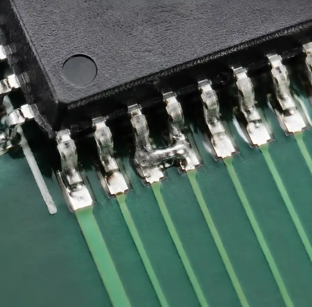 Solder bridging defect between adjacent pins on fine-pitch SMD component