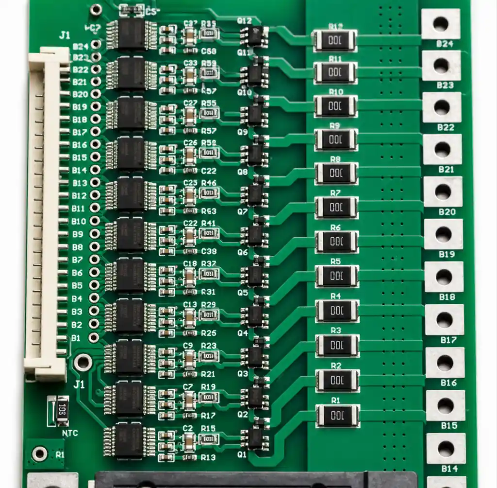 BMS balancing circuit PCB layout showing MOSFETs, gate drivers, and balancing resistor connections