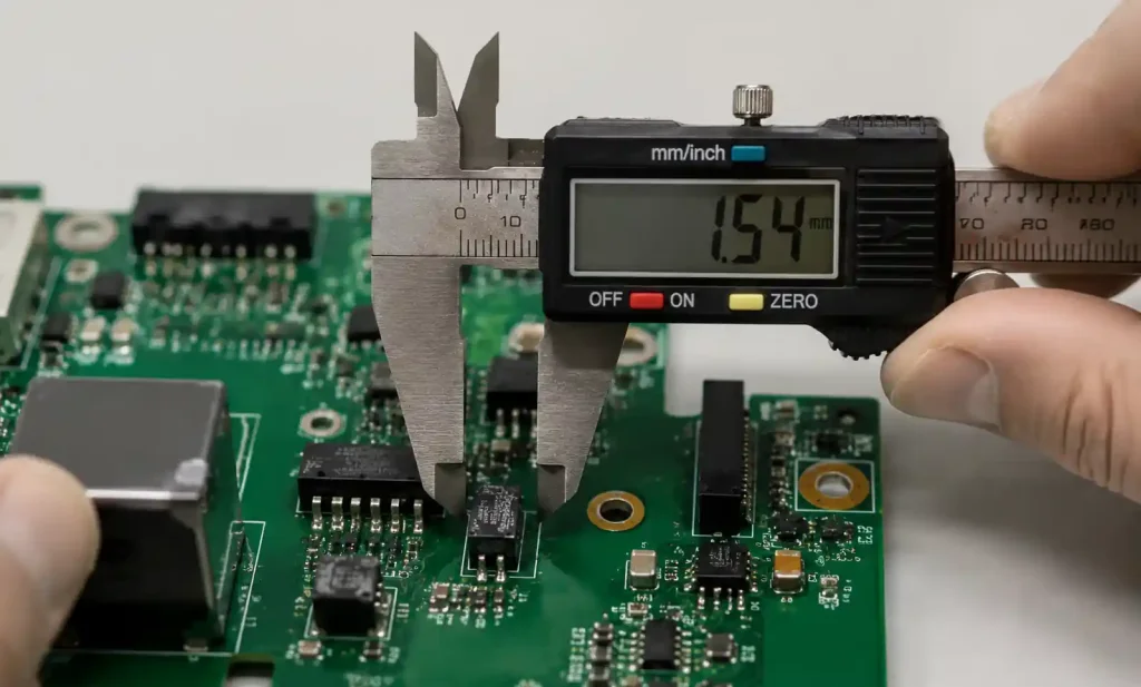 High voltage PCB clearance measurement showing air gap between conductors with measurement tool