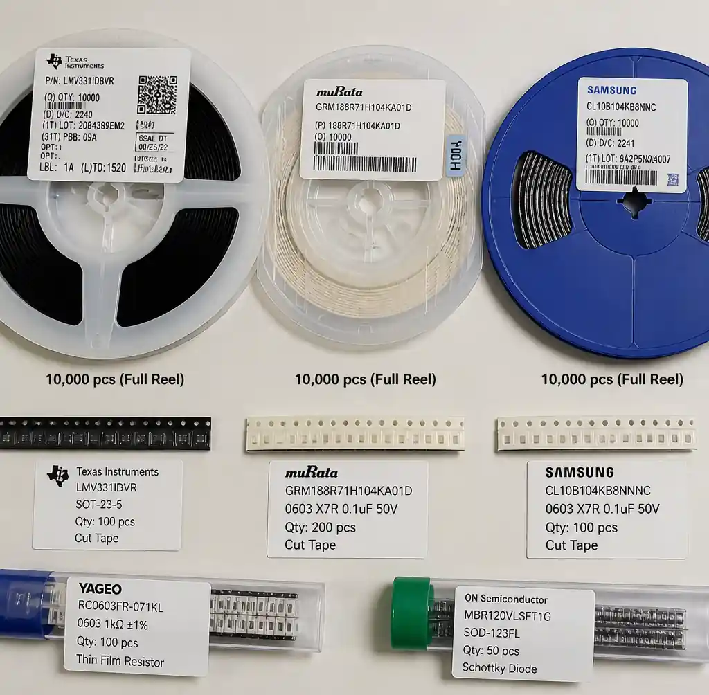 Component reels and cut tape for small batch PCB assembly