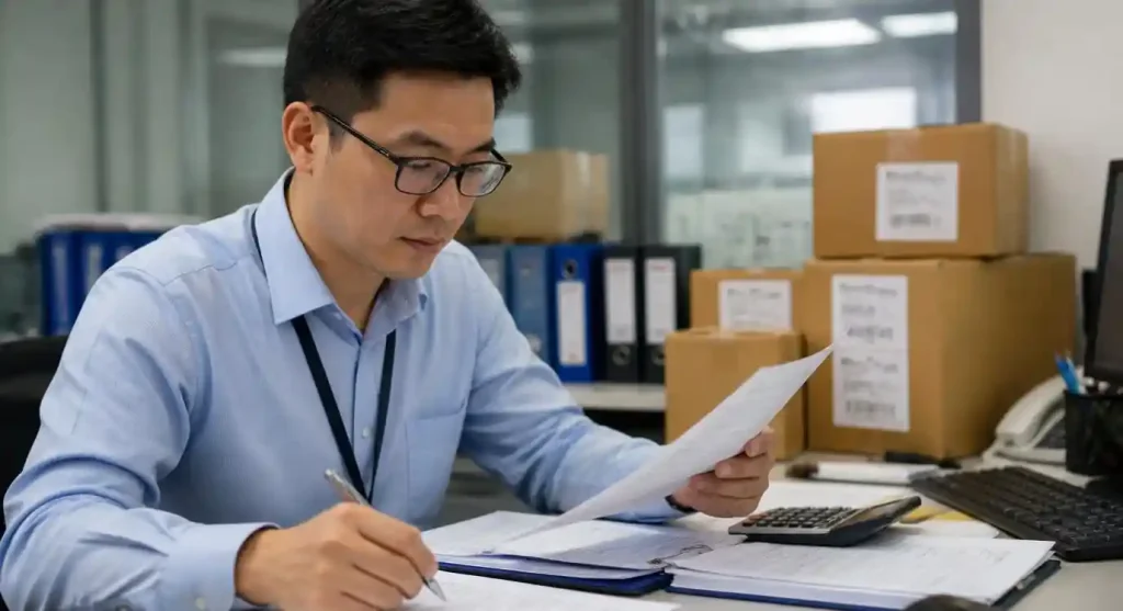Customs broker reviewing commercial invoices and import documentation for PCB shipments