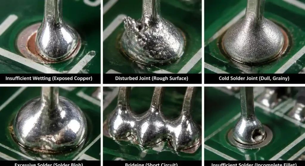 Common PCB solder joint defects under IPC-A-610 inspection