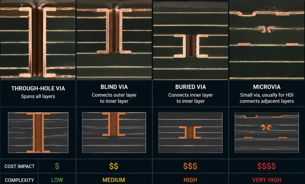 PCB via types comparison: through-hole, blind, buried, microvia