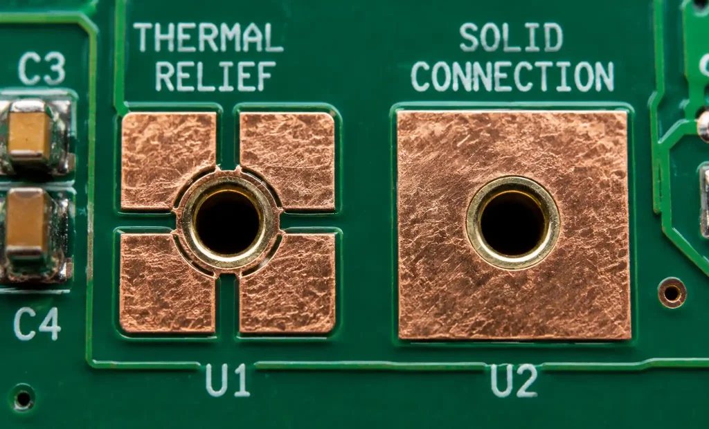 PCB thermal relief pattern compared to solid copper connection on power component