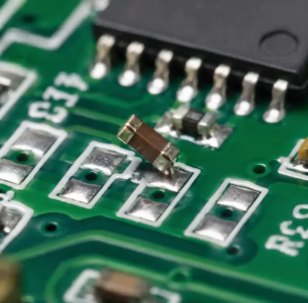 Tombstoning defect with 0402 resistor standing vertically on PCB pad