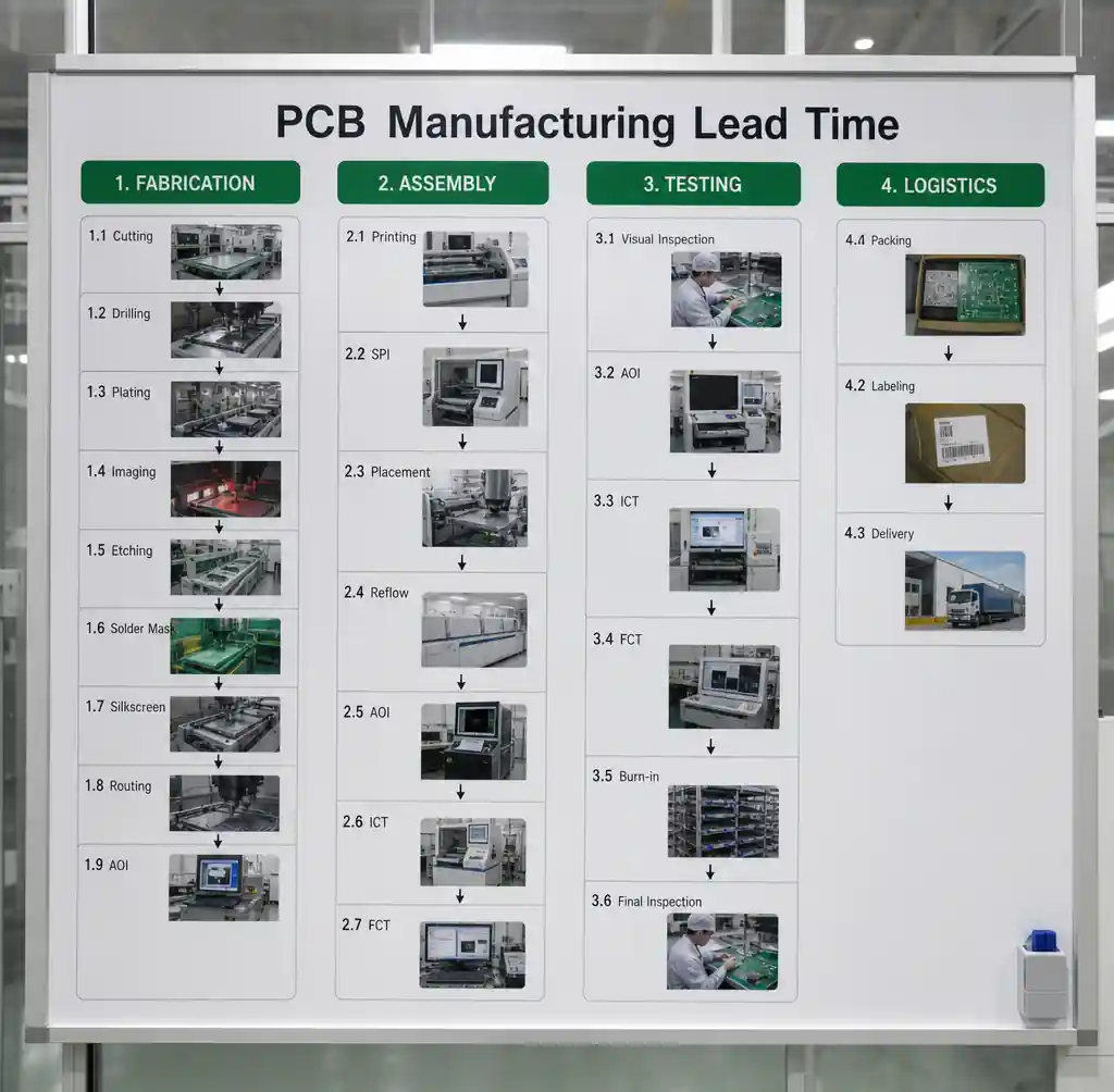 PCB production workflow showing lead time stages from fabrication to delivery