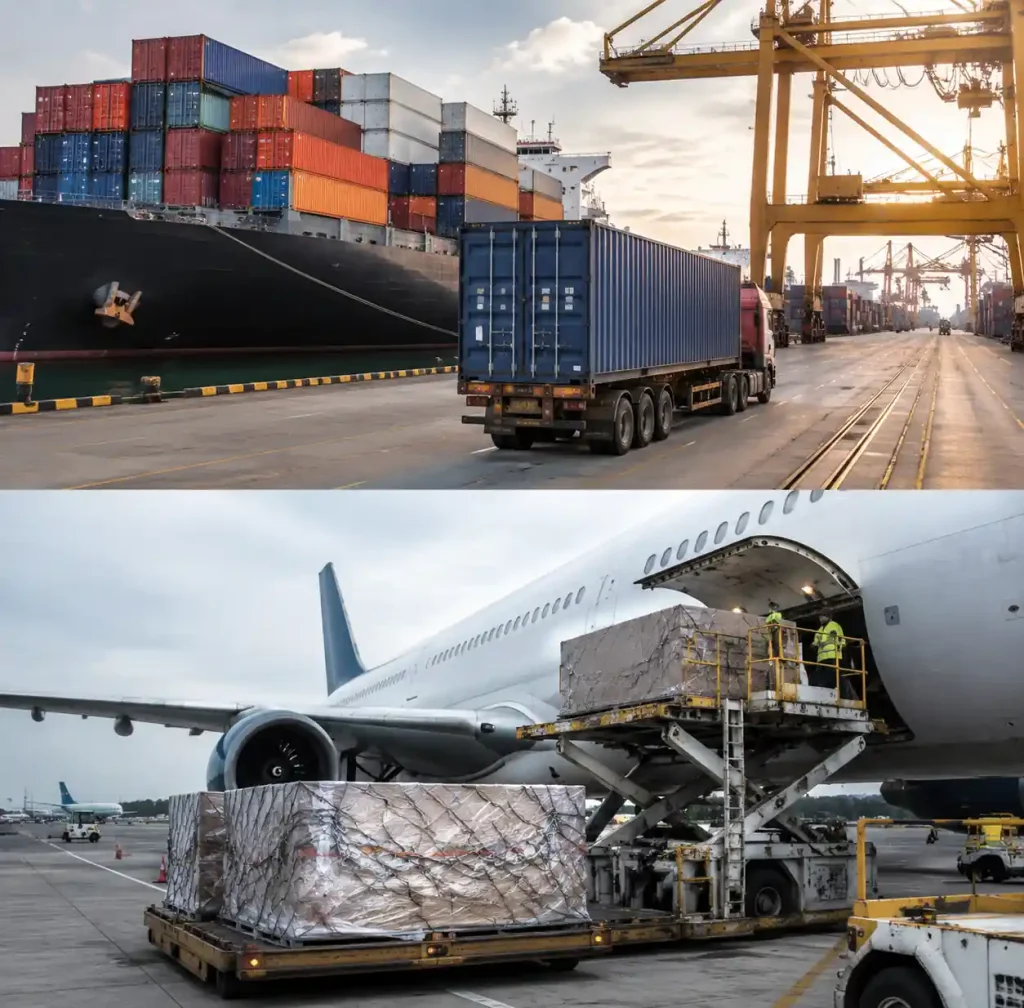 PCB freight transportation showing both sea and air cargo options for Southeast Asia delivery