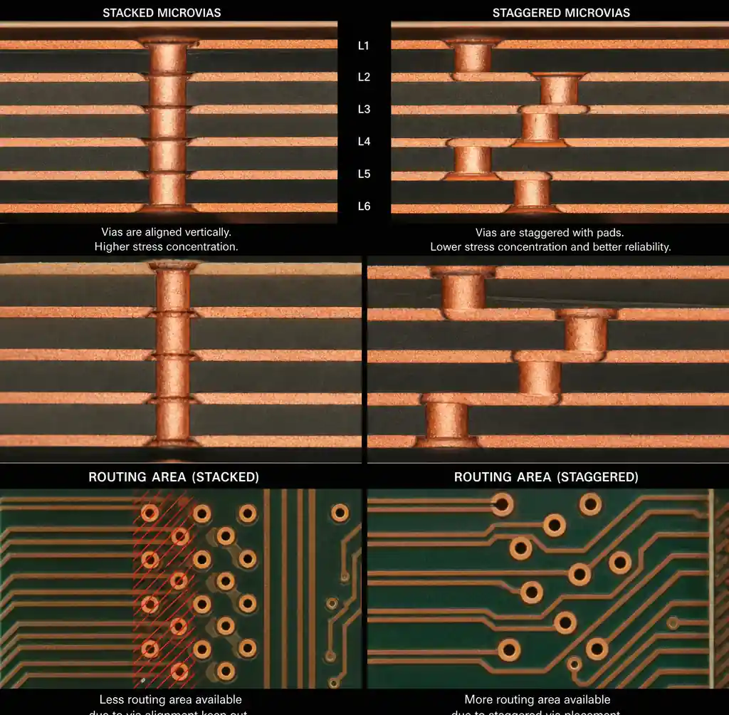 Stacked microvia versus staggered microvia configuration showing stress distribution differences