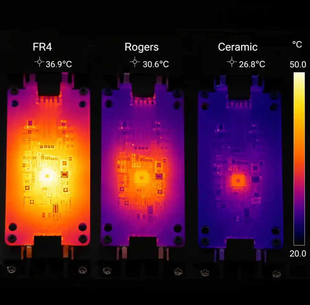 Thermal imaging comparison of different PCB materials showing heat dissipation