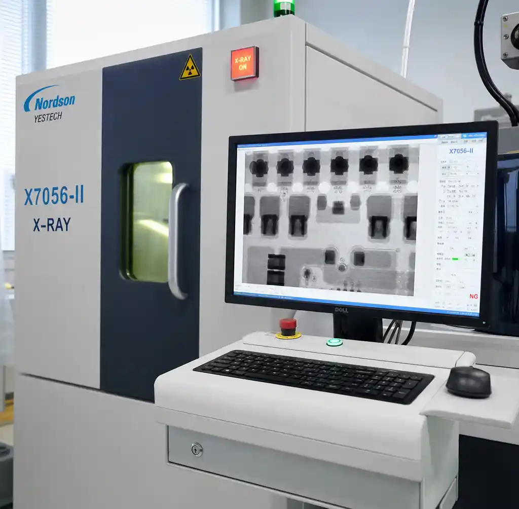 X-ray inspection of BMS PCB solder joints showing void analysis for high-current connections and BGA packages