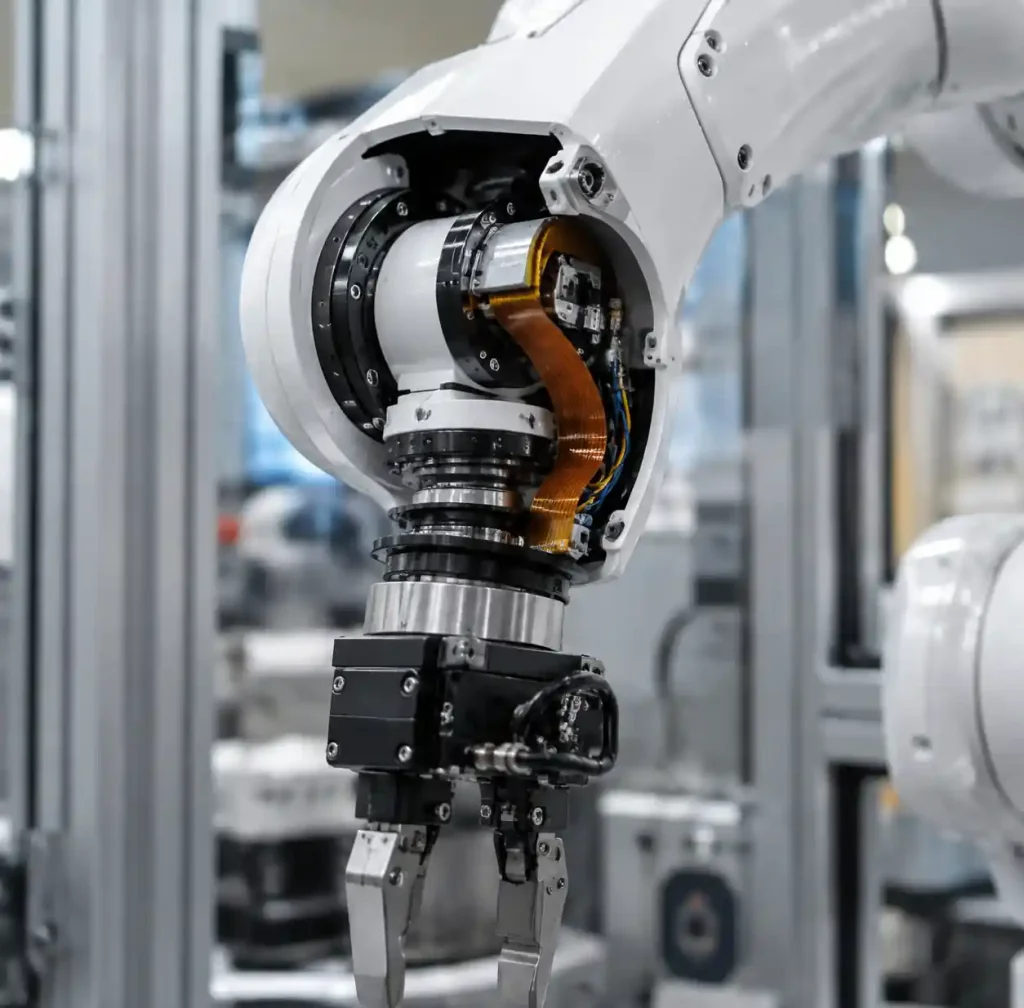 Continuous flex cable in industrial robotic arm joint