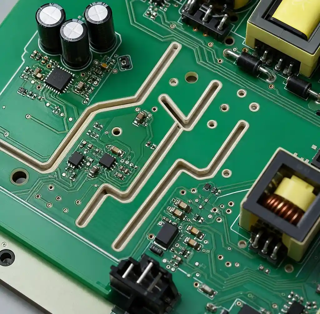PCB design showing routed slots and grooves to extend creepage distance for high voltage isolation