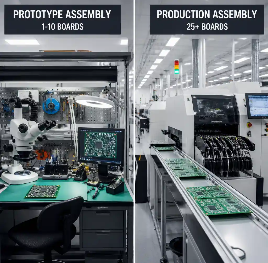 Comparison of prototype PCB assembly versus low volume production setup