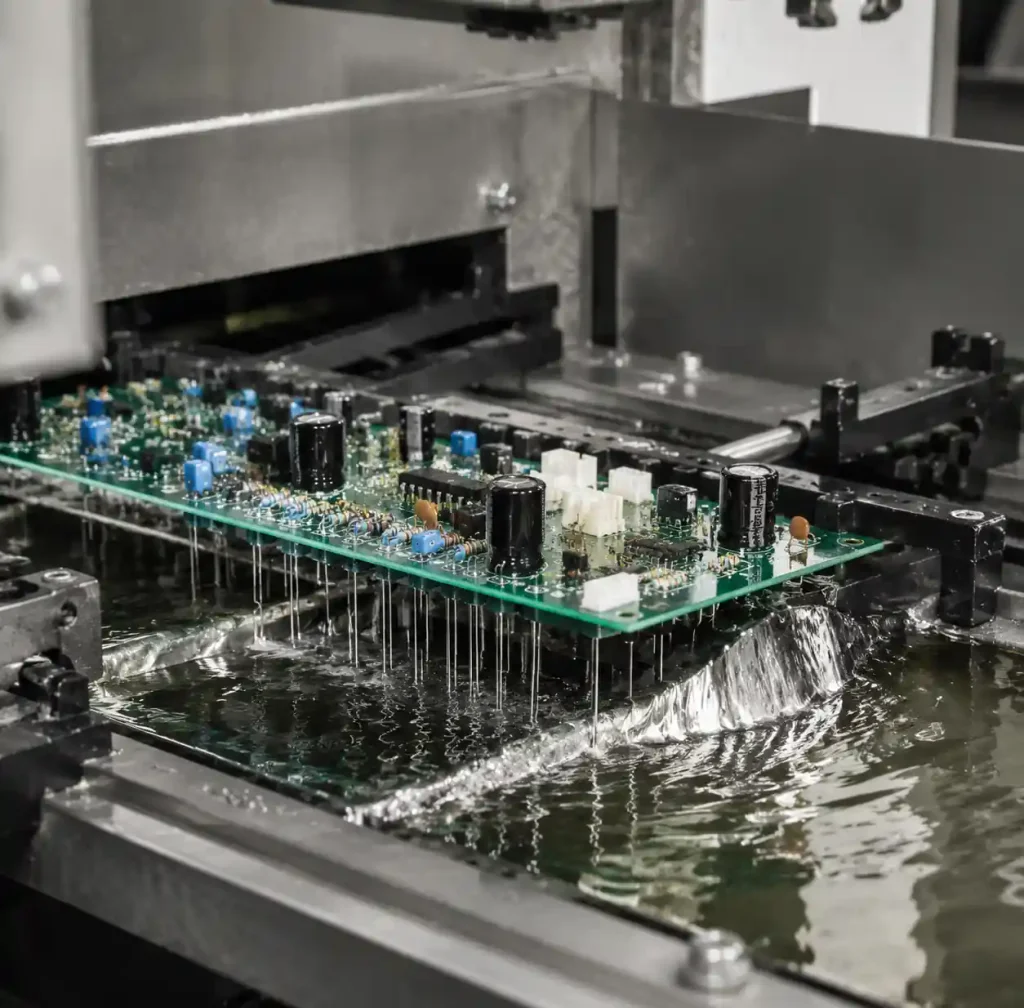 Through-hole PCB assembly in wave soldering machine