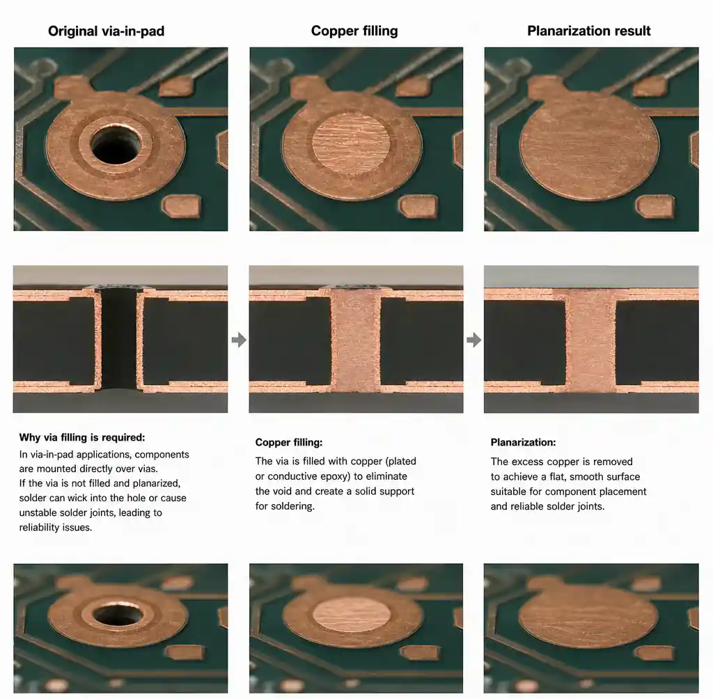 Via-in-pad copper filling and planarization process for component mounting