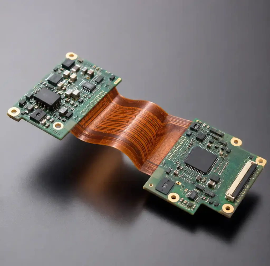Aerospace rigid-flex PCB showing polyimide flex sections and rigid areas