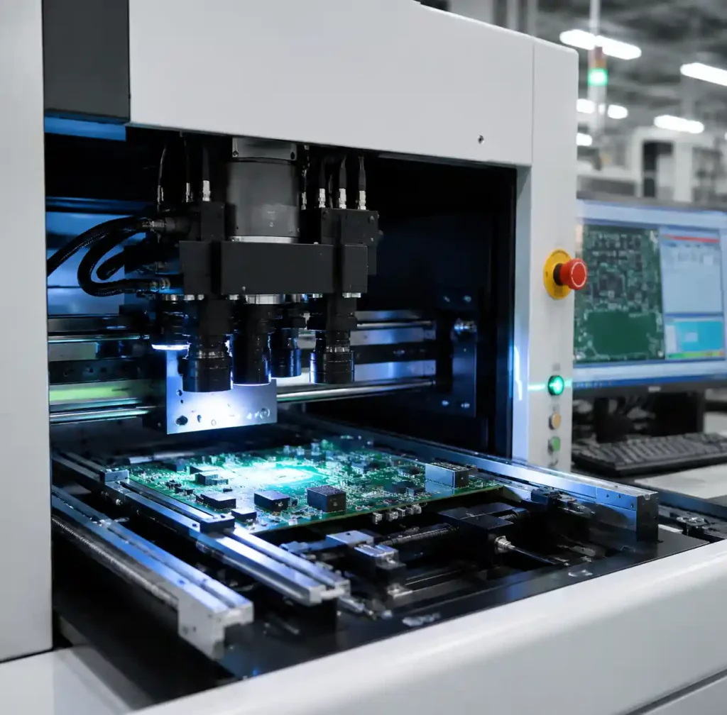 AOI automated optical inspection system inspecting PCB solder joints for defects