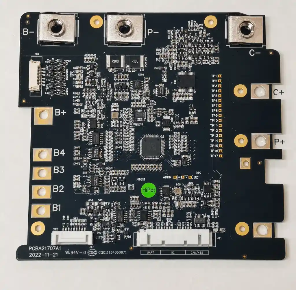 BMS PCB showing connector layout, test points, and DFM features including fiducial marks and panelization