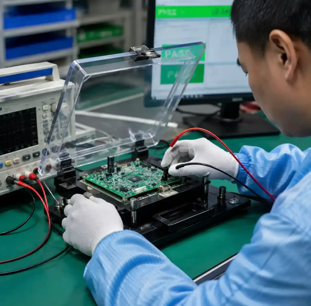 Functional testing of assembled PCB with test fixture