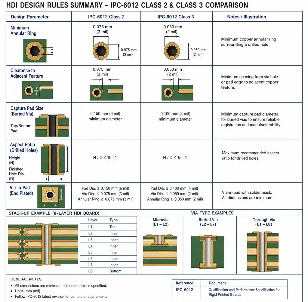 HDI via design rules showing minimum annular ring, clearance, and capture pad requirements