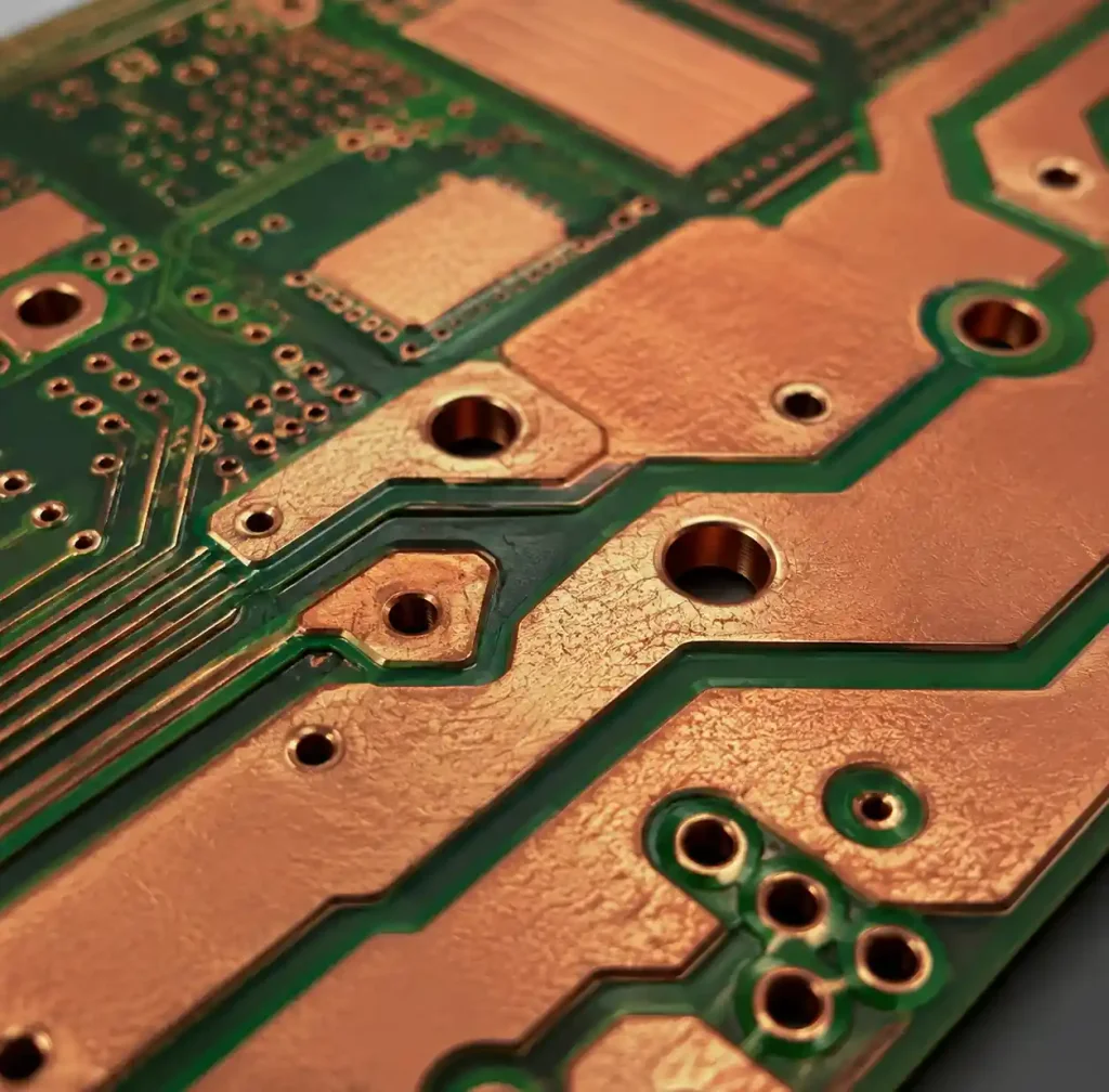 Heavy copper PCB showing thick power traces and copper weight