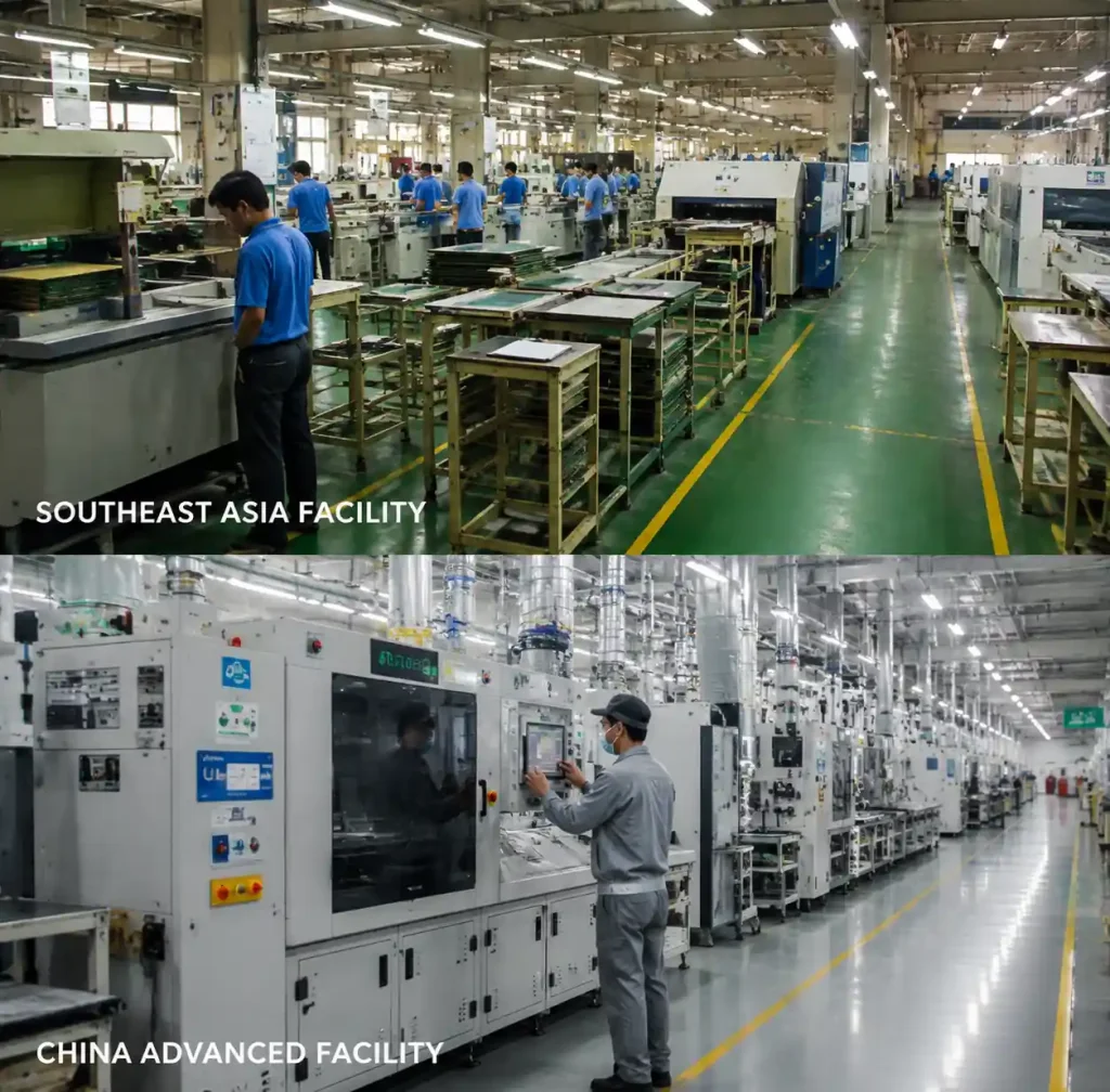 Comparison of local Southeast Asia PCB manufacturing versus China sourcing showing different production capabilities