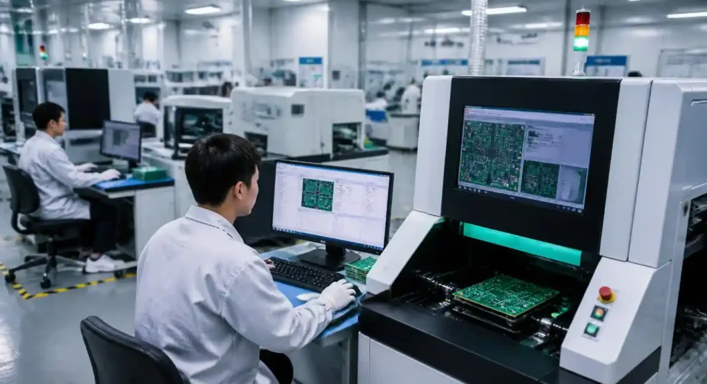 PCB quality inspection and electrical testing with AOI equipment in manufacturing facility