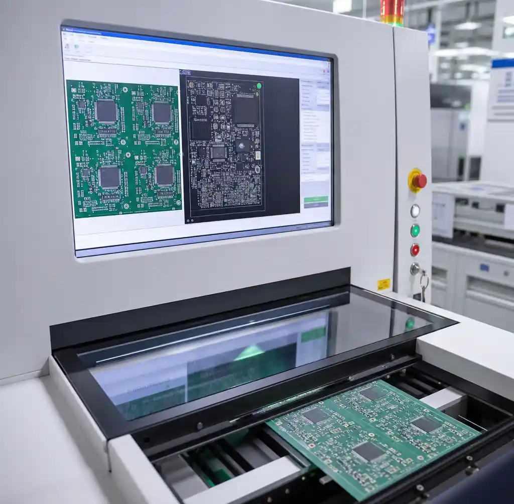 Automated optical inspection (AOI) equipment performing PCB quality control