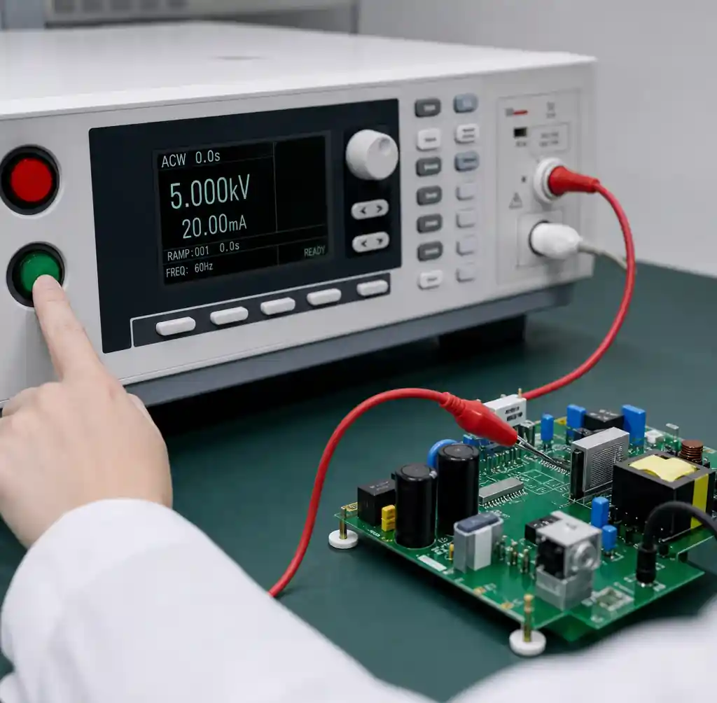High voltage PCB undergoing hipot dielectric withstand testing for UL IEC safety certification