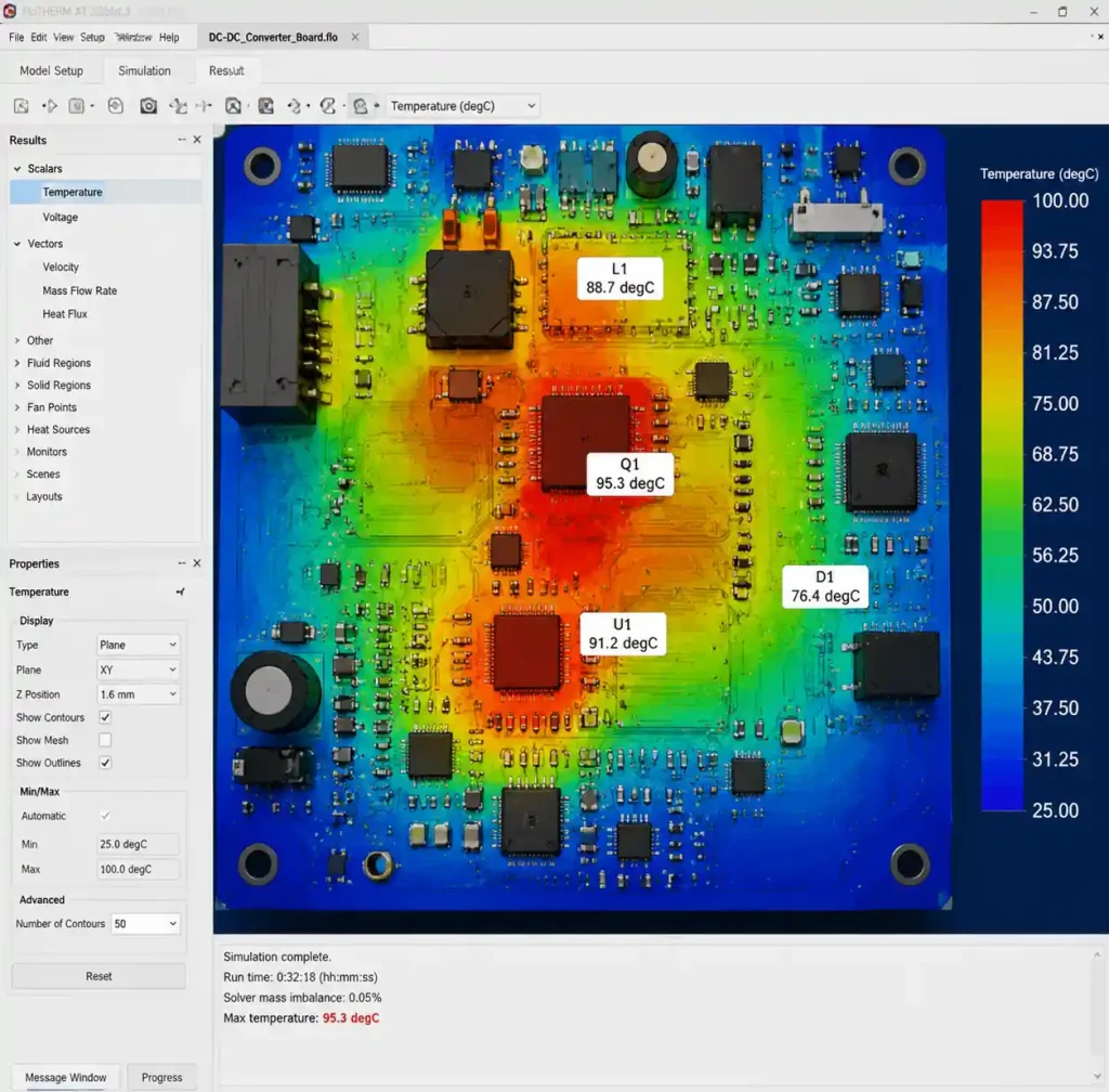 PCB thermal simulation showing temperature distribution and hot spots