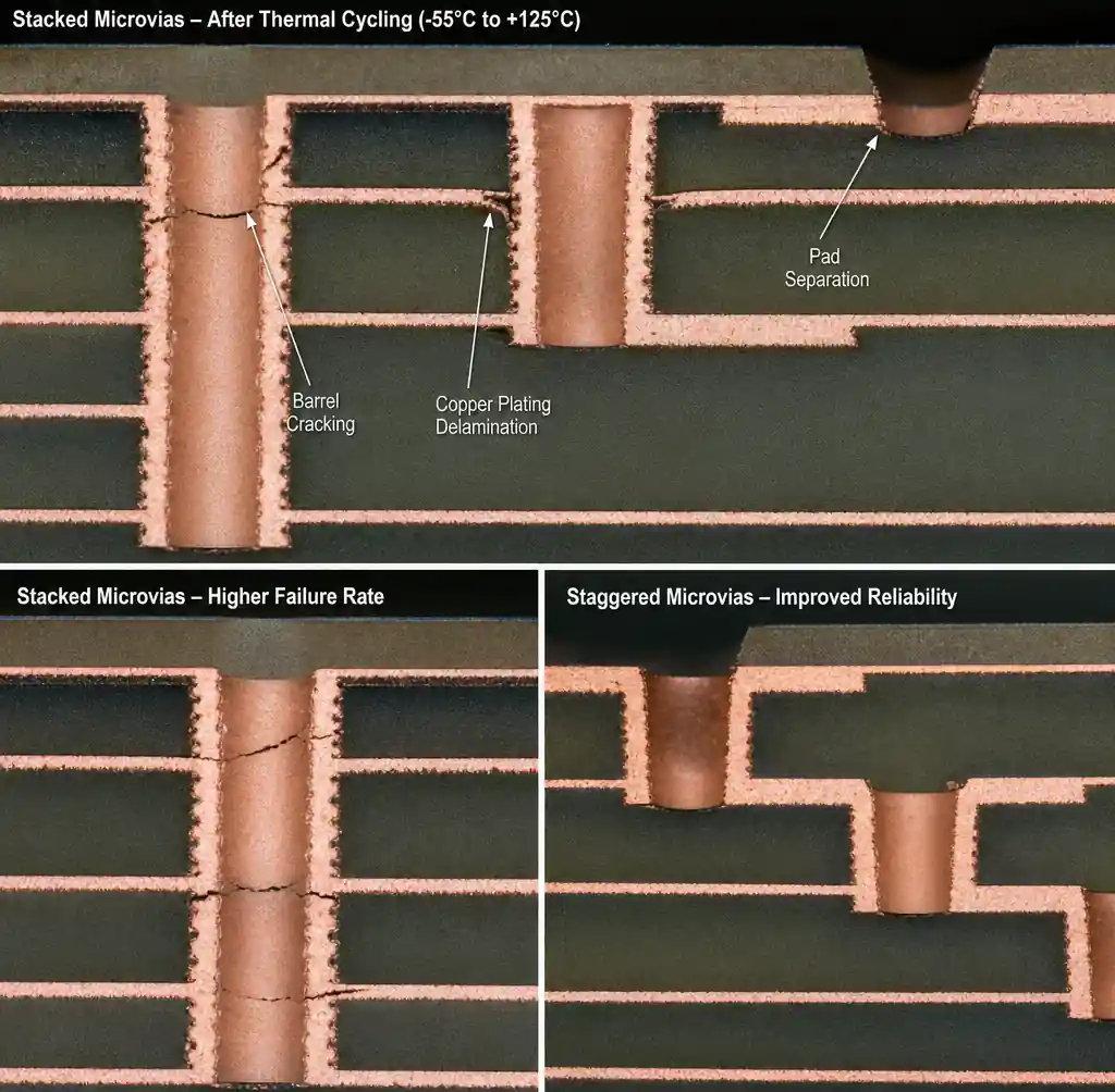 Microvia thermal cycling failure showing barrel cracking and copper plating stress