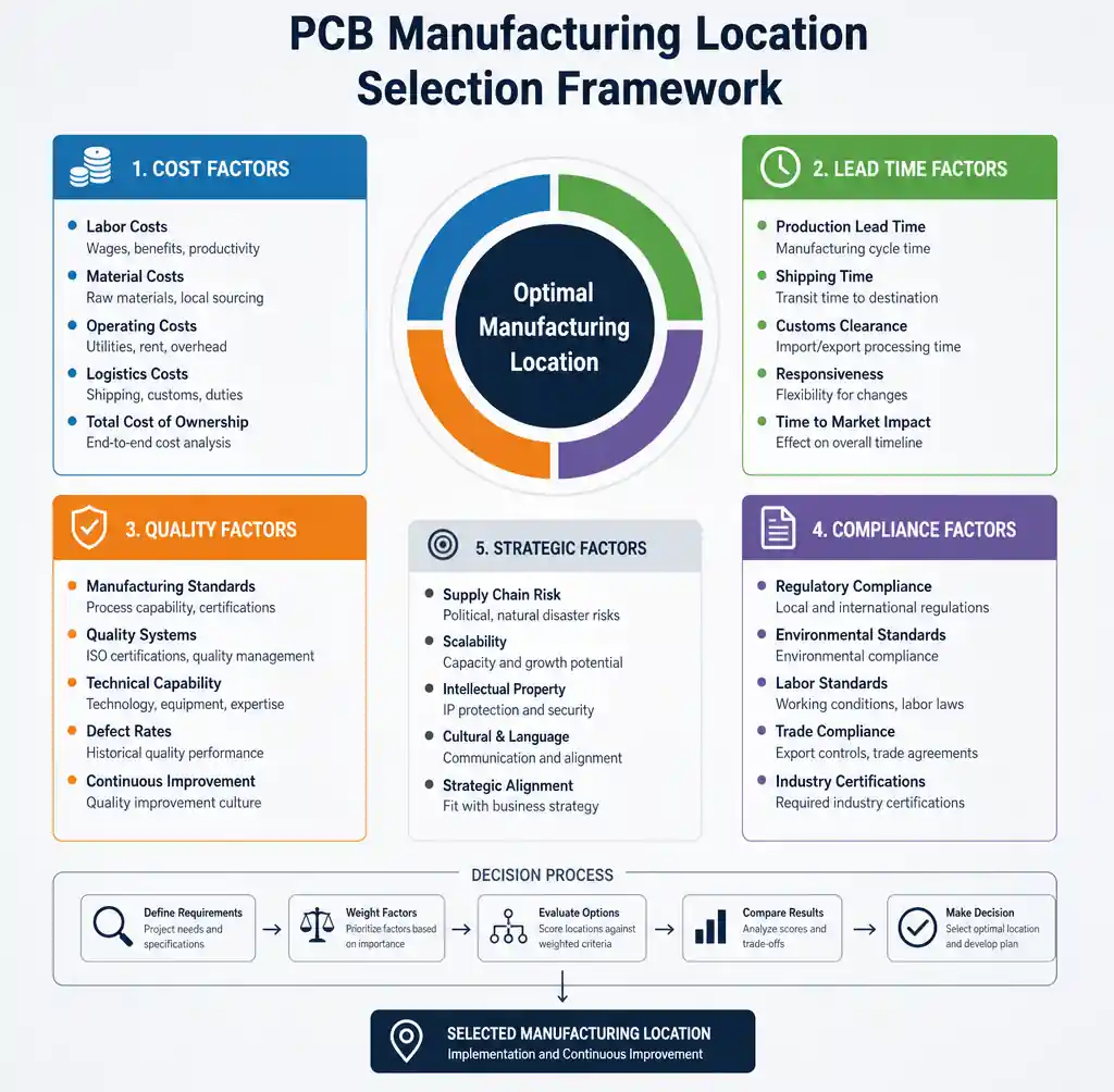 Strategic decision framework diagram for PCB manufacturing location selection