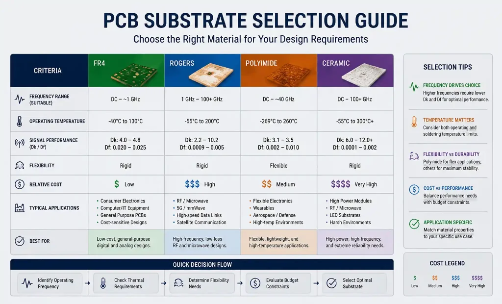 PCB material selection guide comparing FR4, Rogers, polyimide, and ceramic