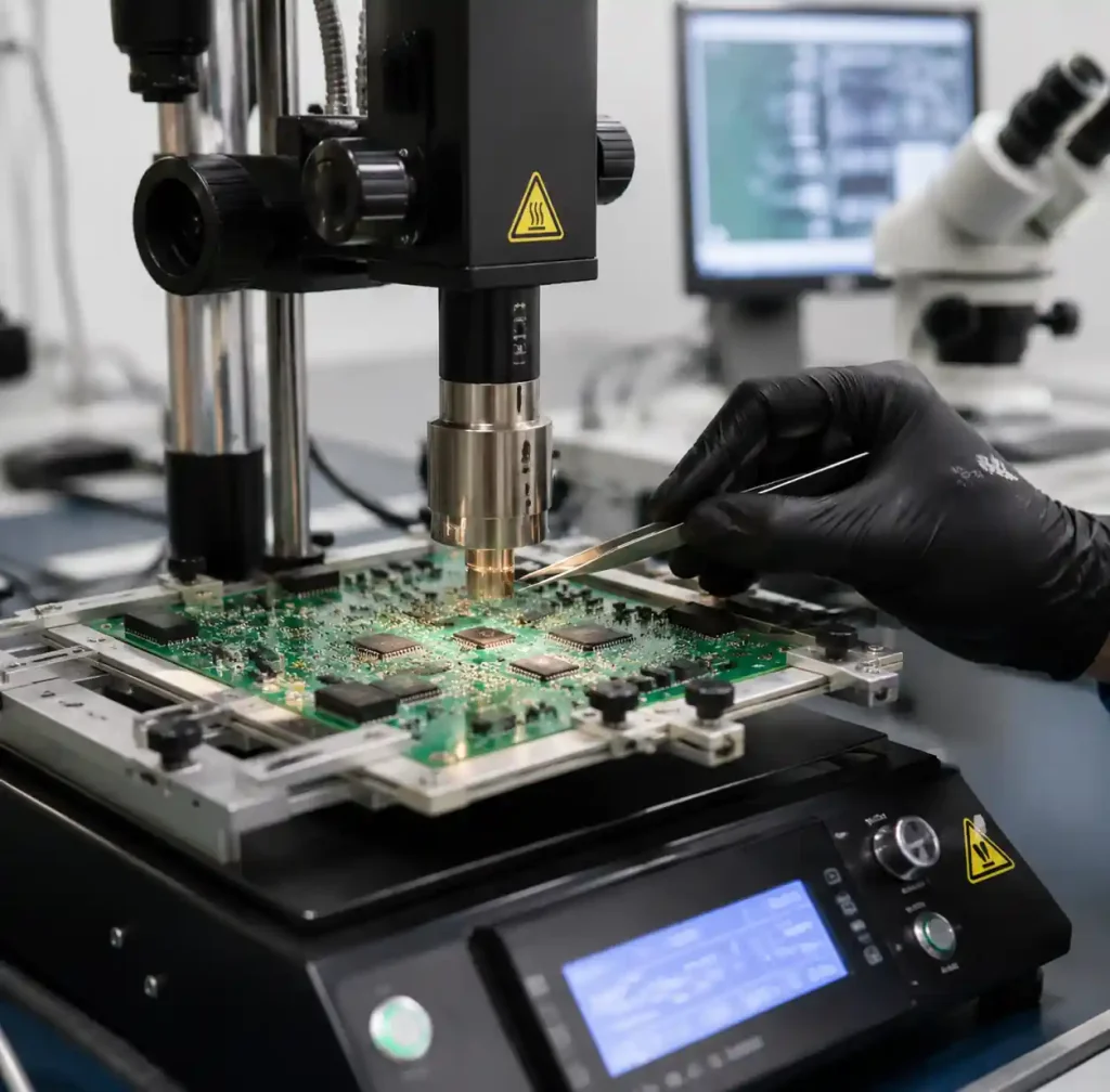 PCB rework station with hot air tool removing defective SMD component