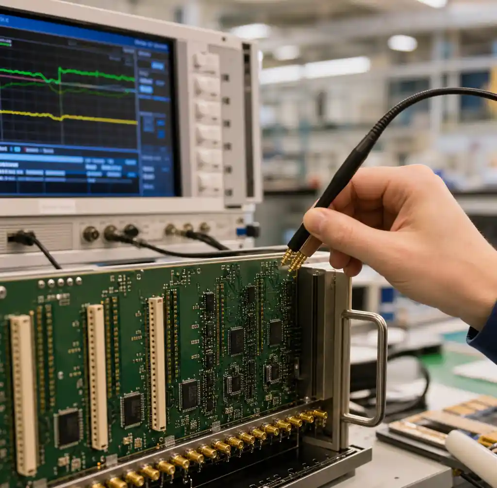 TDR testing equipment verifying controlled impedance on backplane PCB
