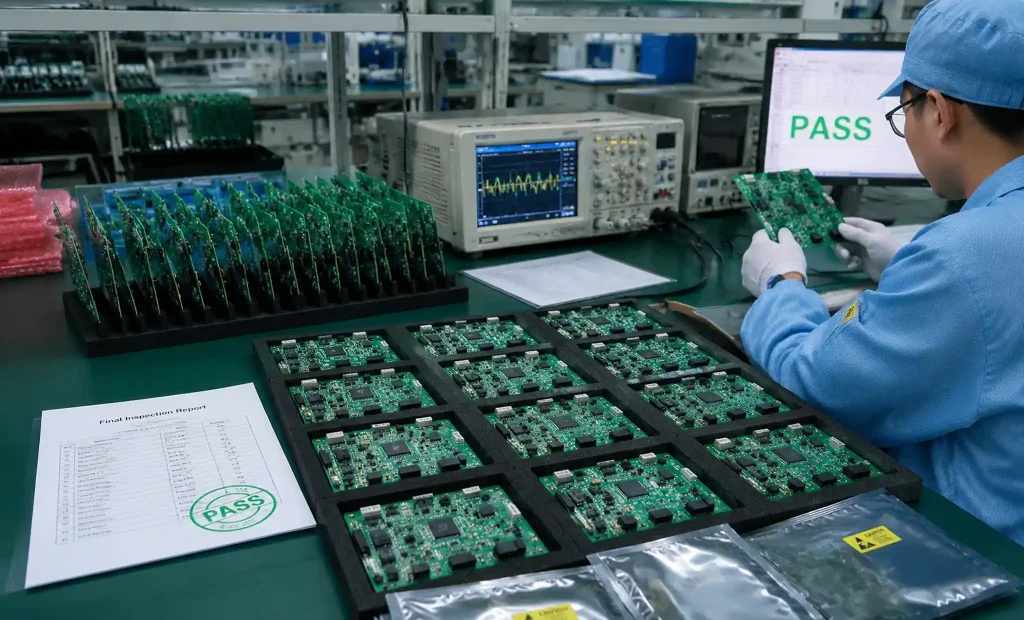 Completed low volume PCB assembly batch undergoing final quality inspection