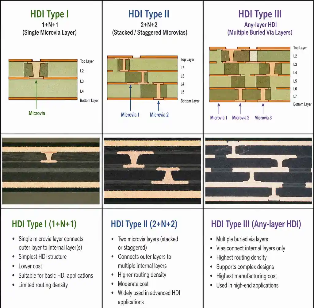 HDI PCB Type I, Type II, and Type III stackup structures showing via complexity progression