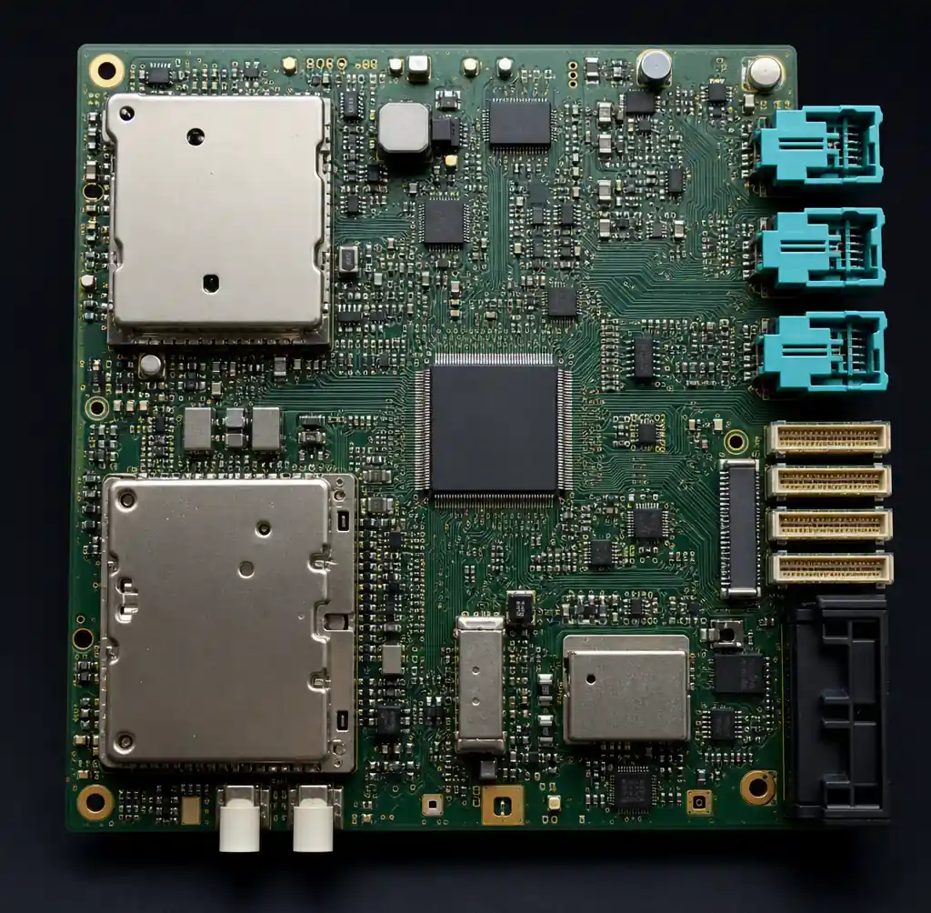 ADAS PCB system showing radar and camera module integration on automotive circuit board