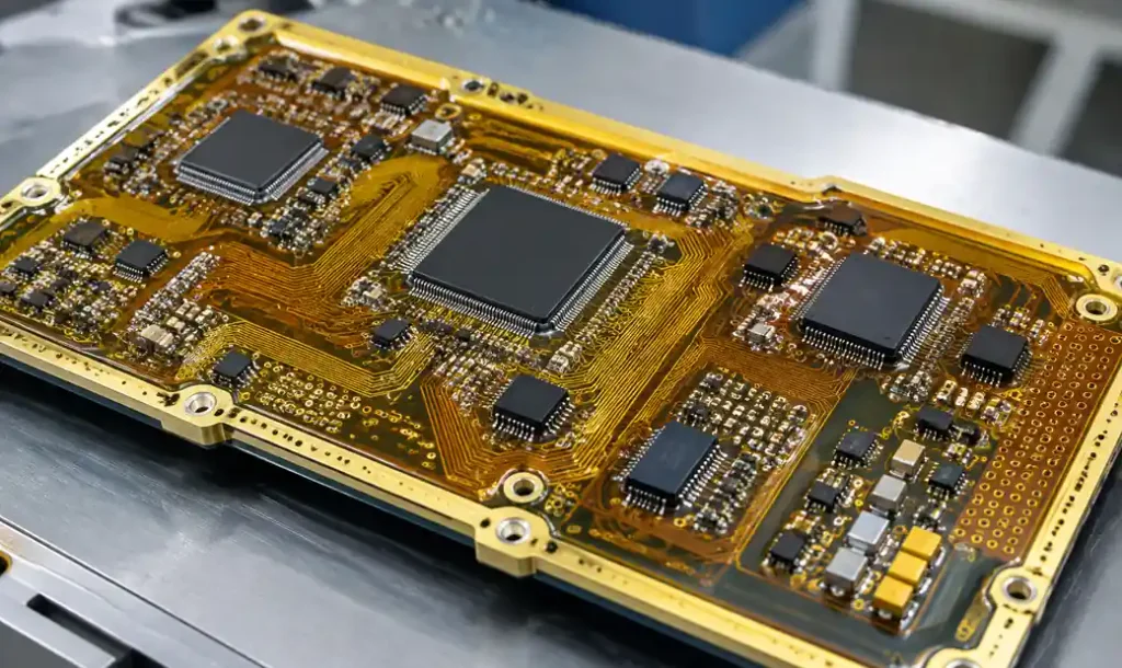 Aerospace PCB assembly designed for high-altitude and space applications showing specialized components
