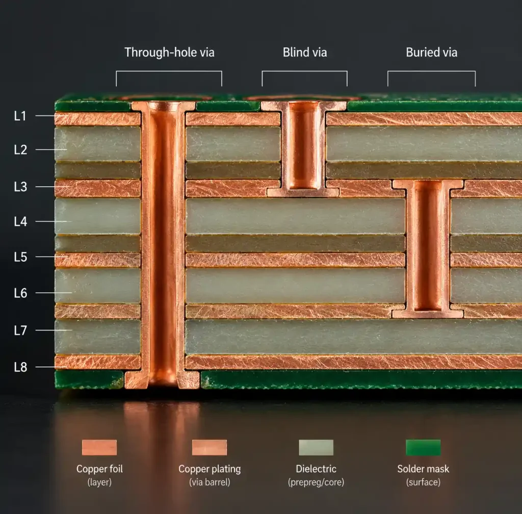 Cross-section showing blind via, buried via, and through-hole via structures in multilayer PCB