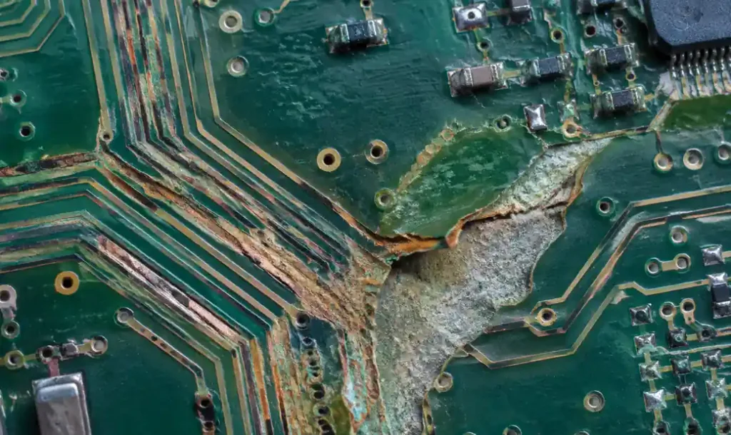 PCB substrate showing chemical attack and degradation patterns