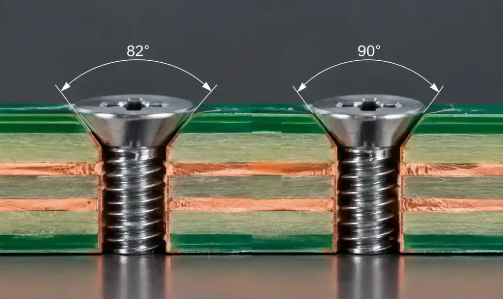 PCB countersink angles showing 82-degree and 90-degree cone profiles with flat-head screw fit