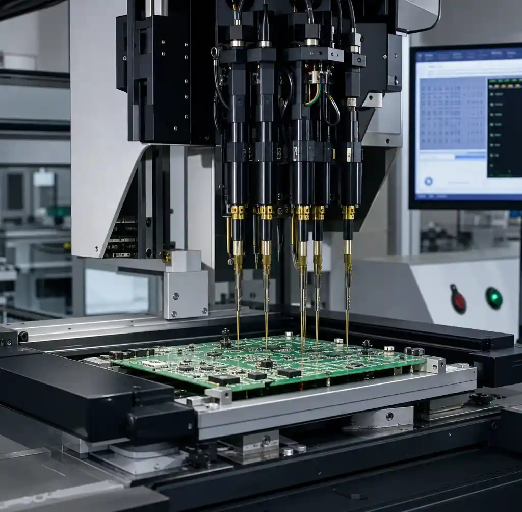 Flying probe test machine with movable test heads contacting PCB test points