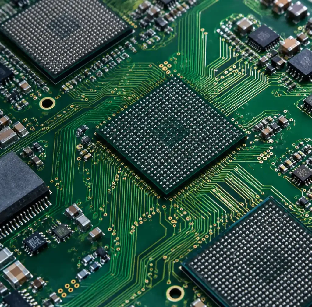 High-density BGA component placement on multilayer PCB showing escape routing requirements