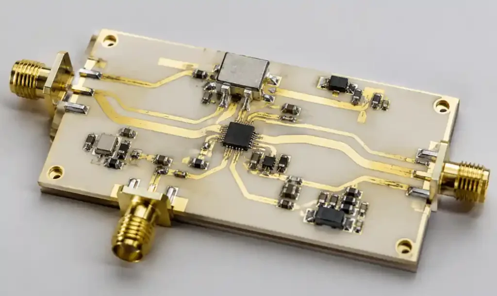 High-frequency RF PCB with controlled impedance traces and Rogers material substrate