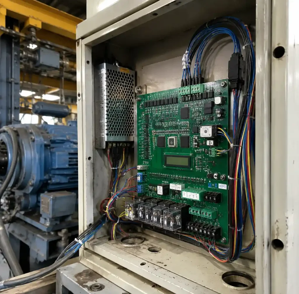 Industrial PCB installed in harsh machinery environment with vibration exposure